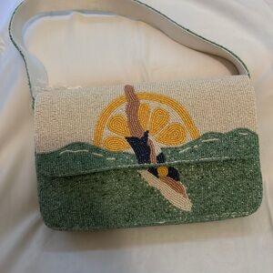 Beaded Green & White Crossbody Bag with Lemon Motif